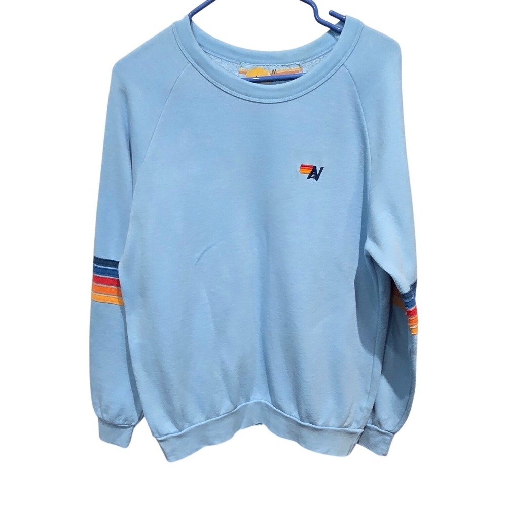 Aviator Nation Sweatshirt Unisex Medium Blue Rainbow Stripe Sleeve Logo Flaws